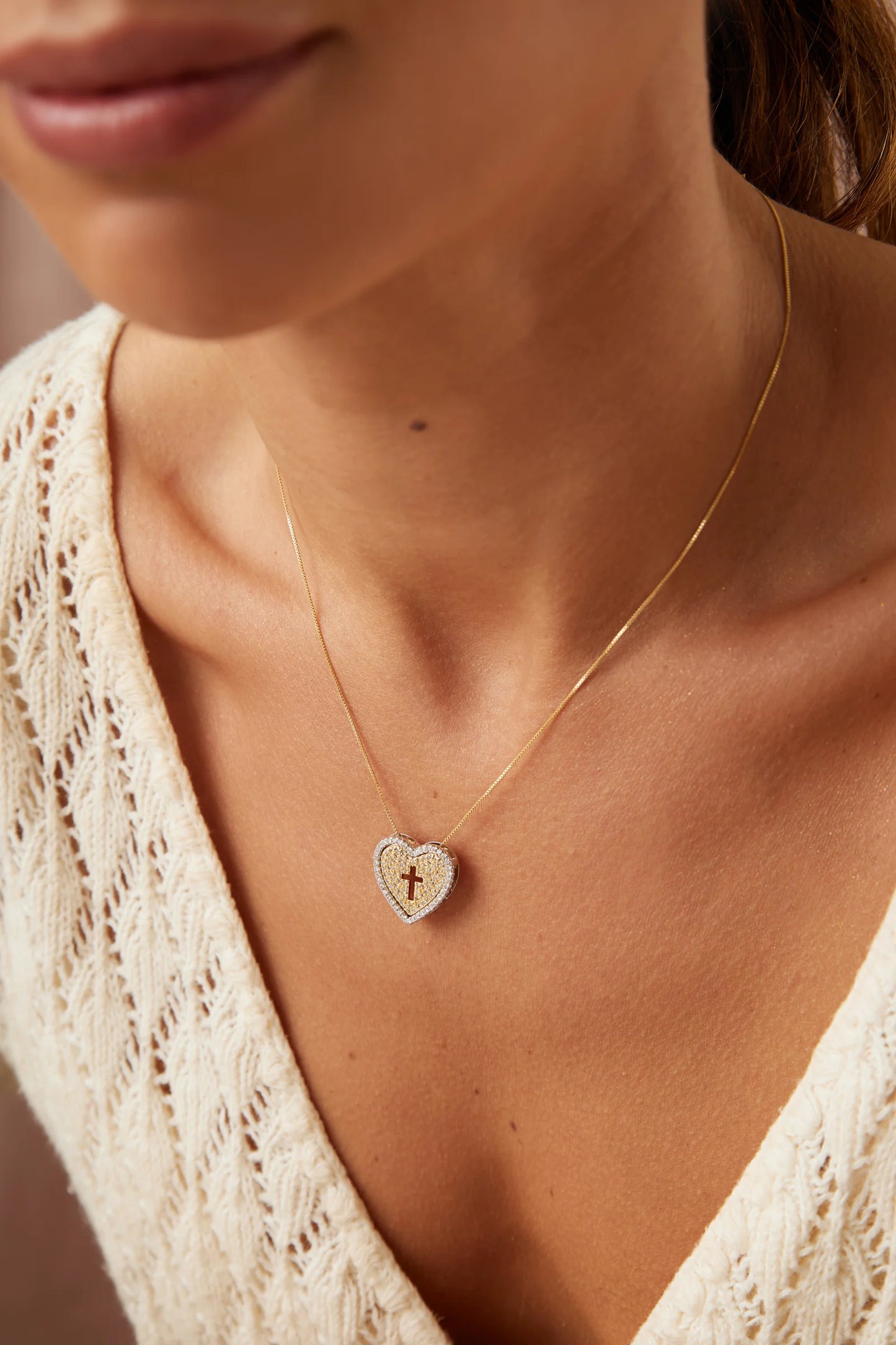 White Zircon Double Heart & Cross Necklace