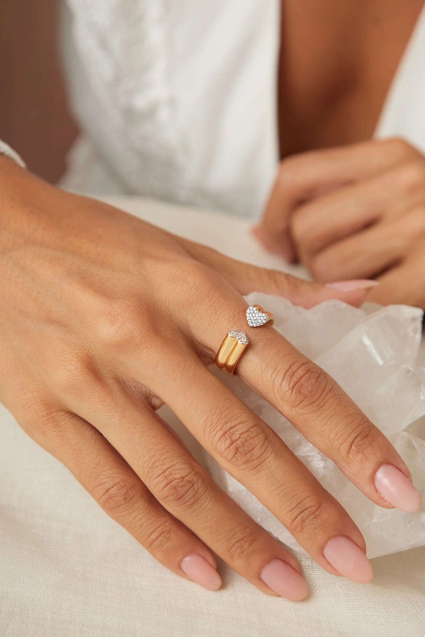 Mini Hearts studded with White Zircons Open Ring