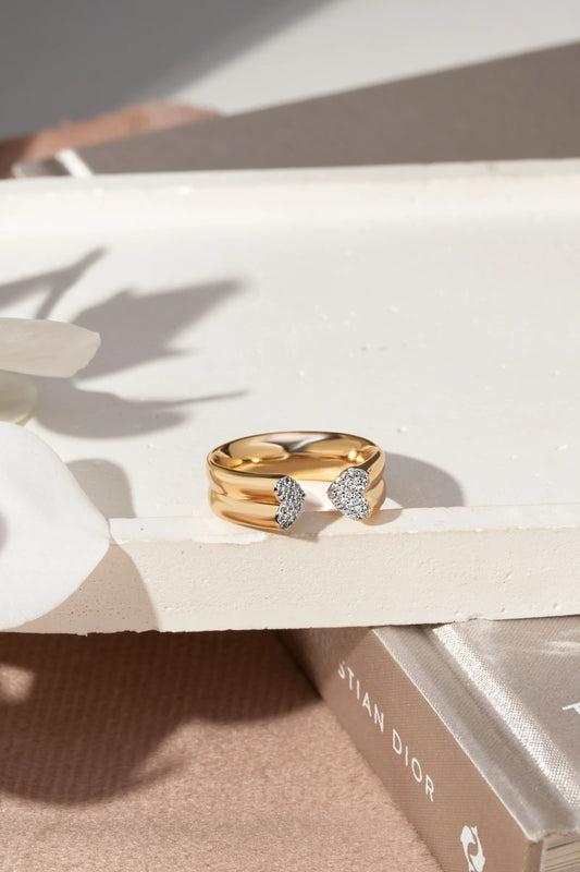 Mini Hearts studded with White Zircons Open Ring