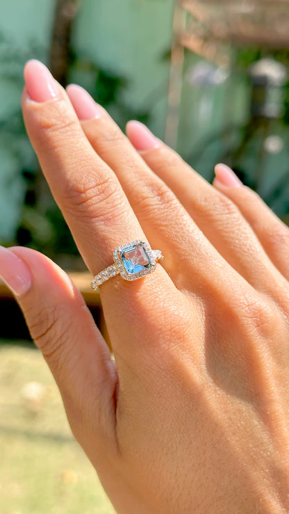 London Blue Crystal & White Zircon Square Ring