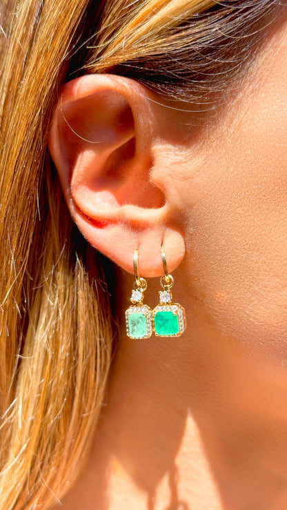 Colombian Emerald Fusion & White Zircon Rectangle Earrings