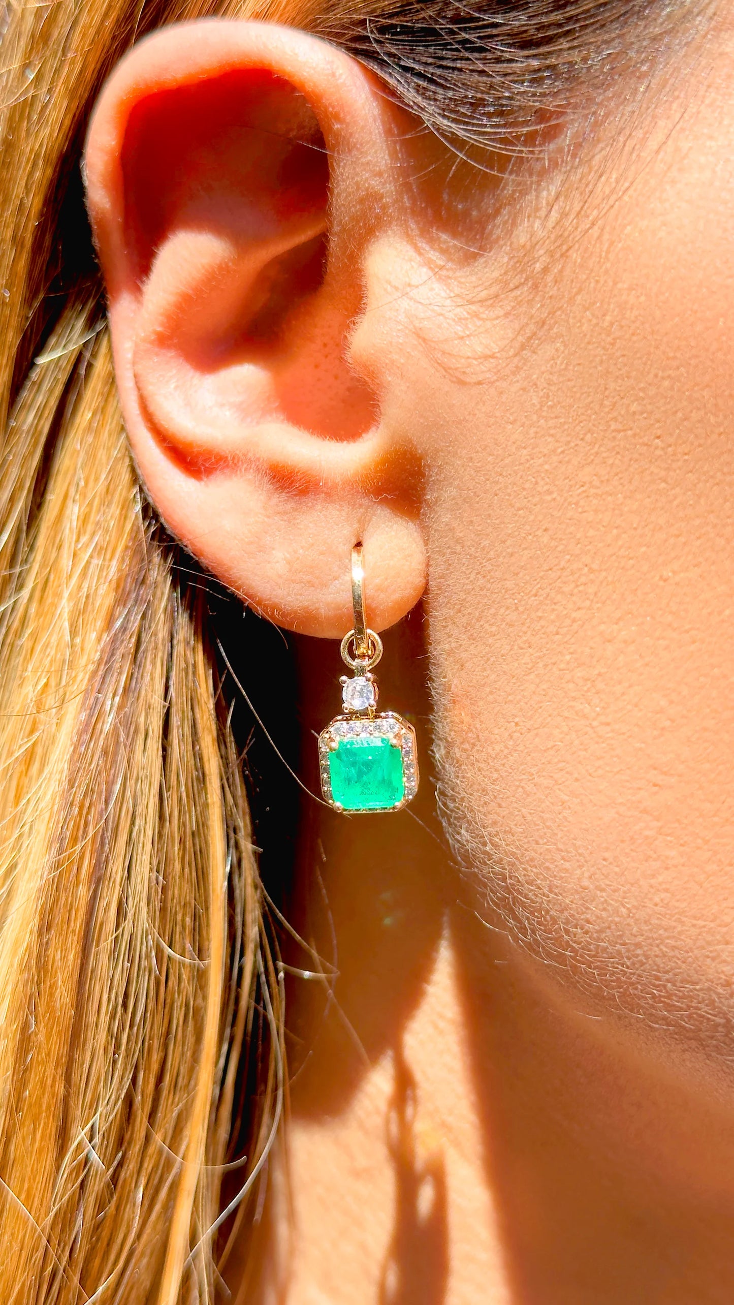 Colombian Emerald Fusion & White Zircon Square Earrings