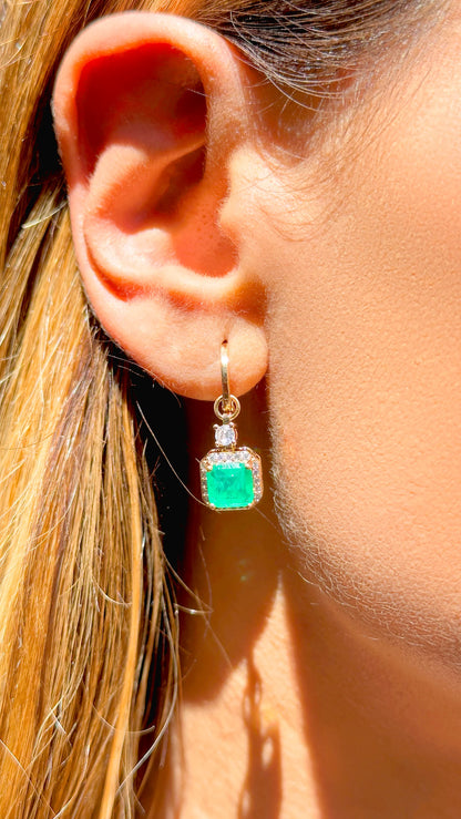 Colombian Emerald Fusion & White Zircon Square Earrings