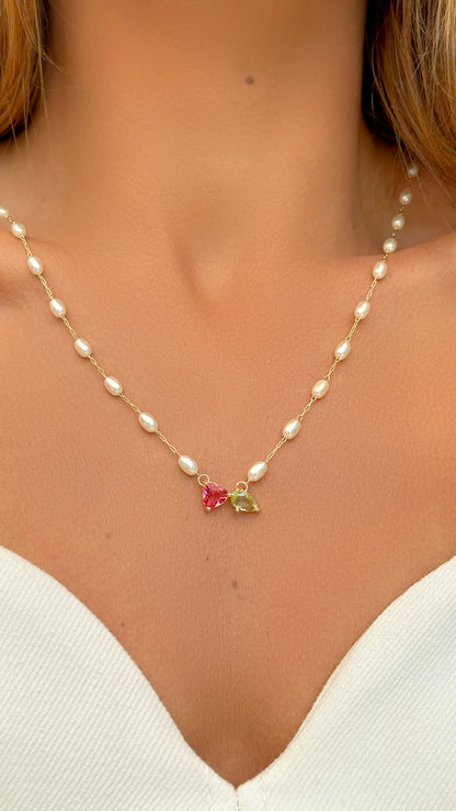 Pink Tourmaline & Beryl Crystal & Korean Pearl Necklace