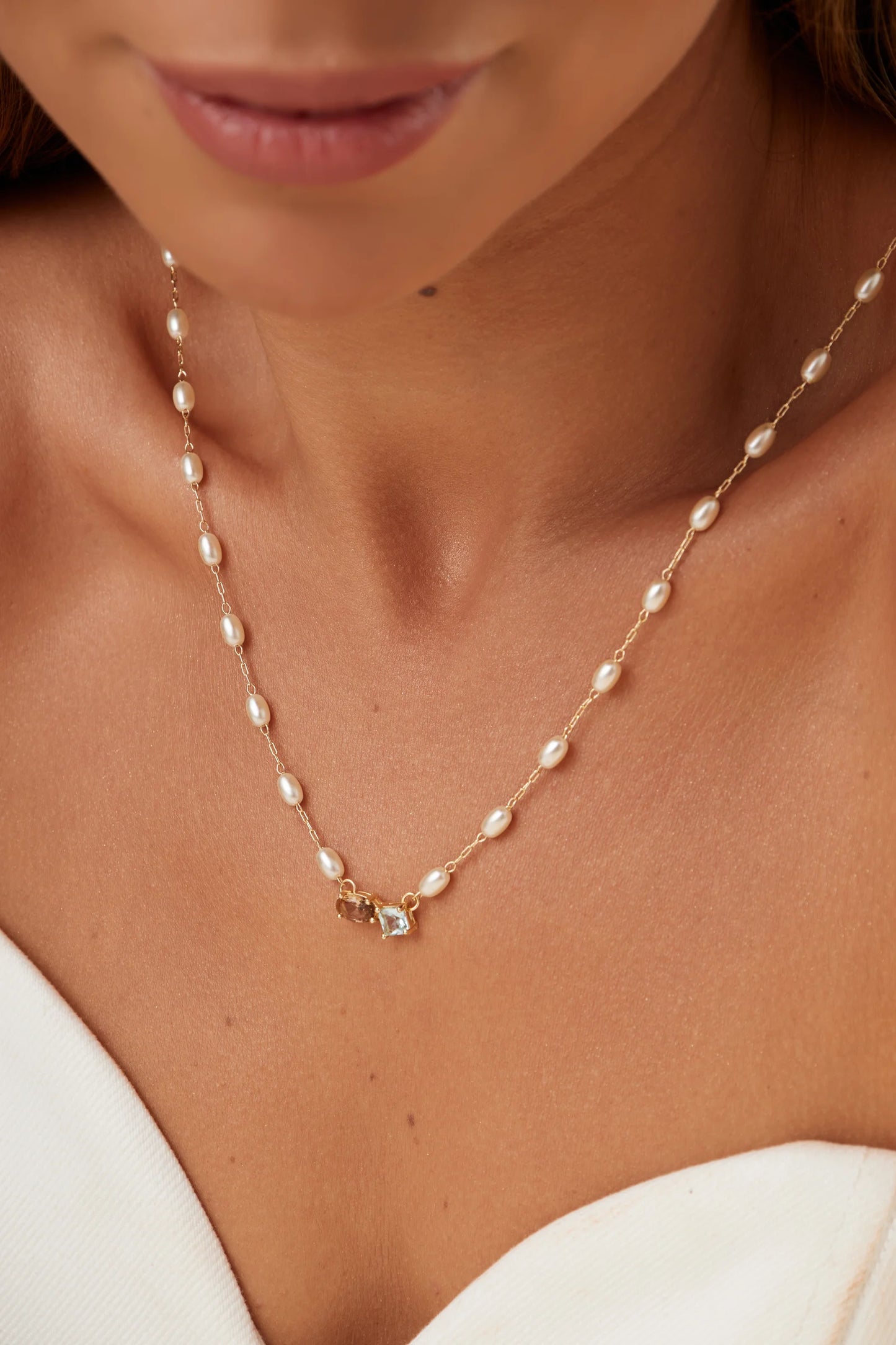 Pink Tourmaline & Beryl Crystal & Korean Pearl Necklace