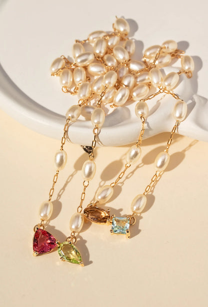 Pink Tourmaline & Beryl Crystal & Korean Pearl Necklace