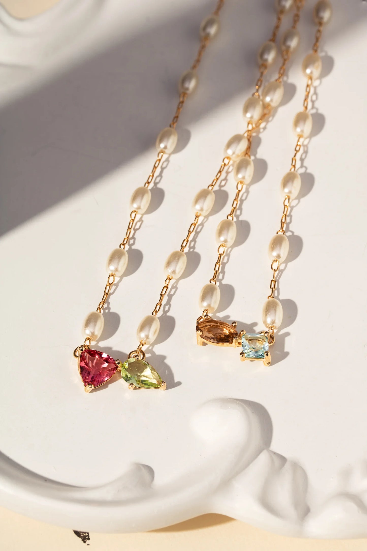 Pink Tourmaline & Beryl Crystal & Korean Pearl Necklace
