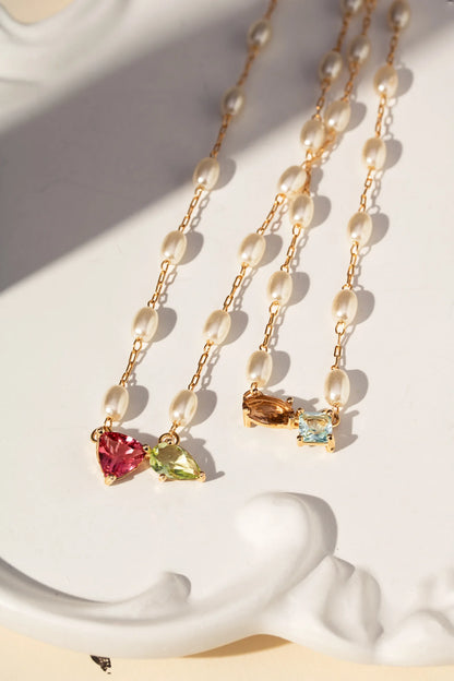 Pink Tourmaline & Beryl Crystal & Korean Pearl Necklace