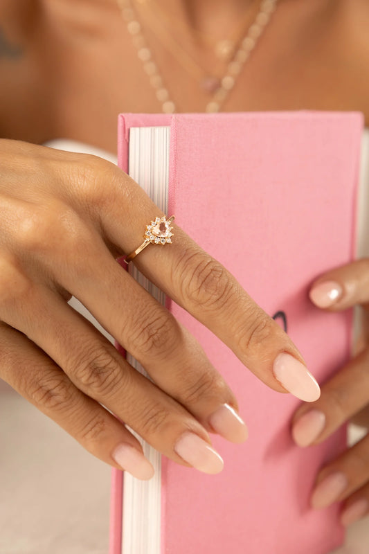 Morganite Crystal & White Zircon Heart Ring