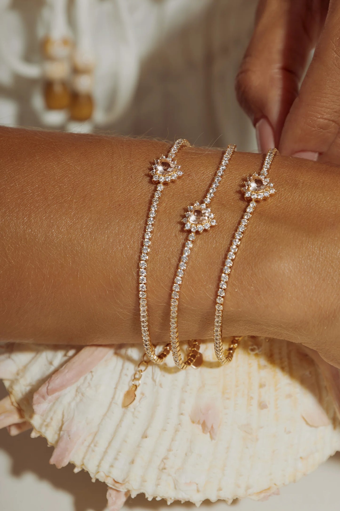 Morganite Crystal with White Zircon Heart Bracelet