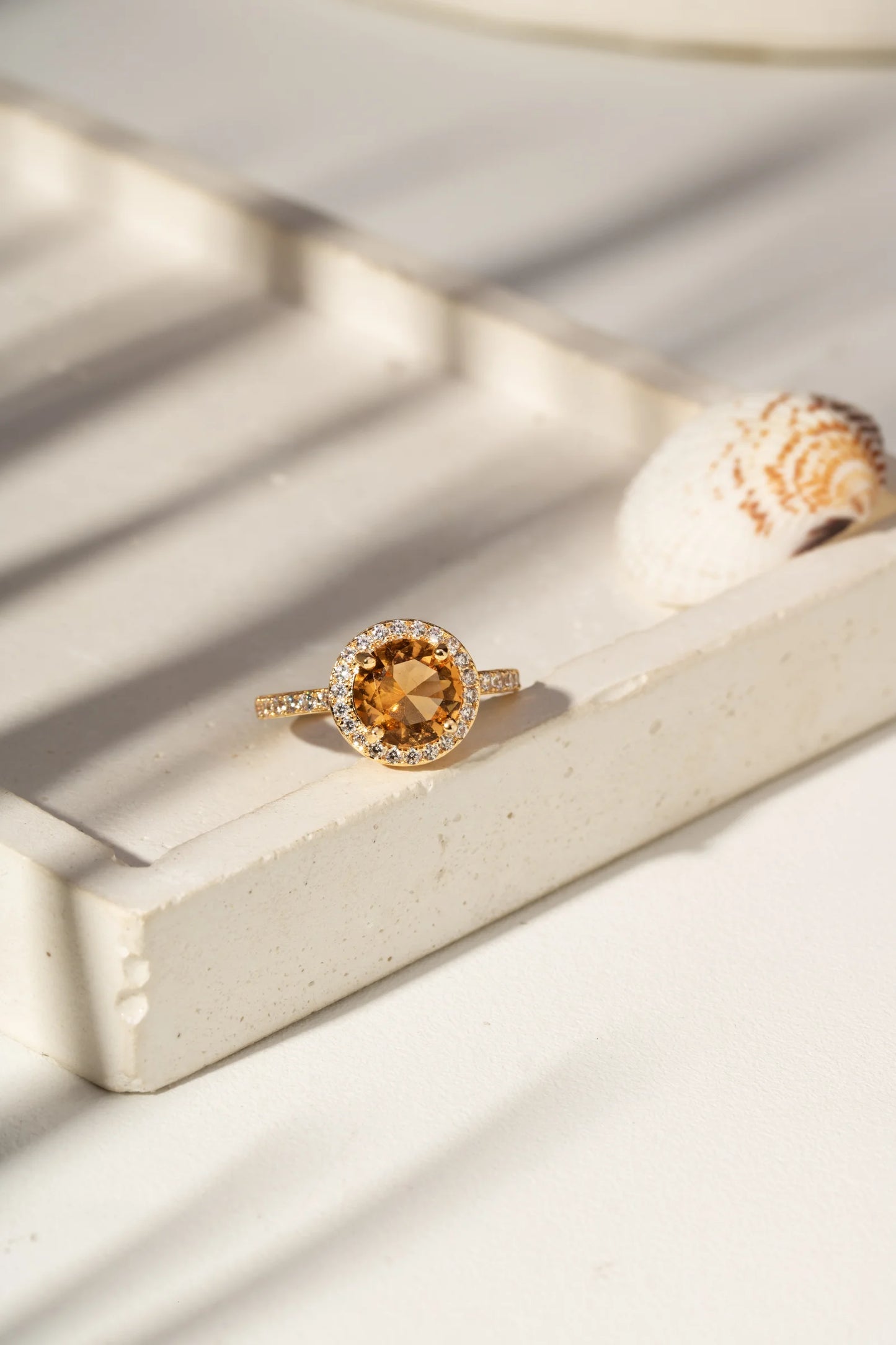 Round White Zircon Citrine Crystal Ring
