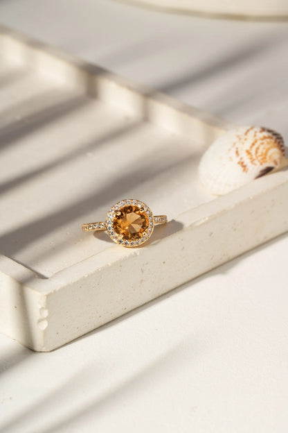 Round White Zircon Citrine Crystal Ring