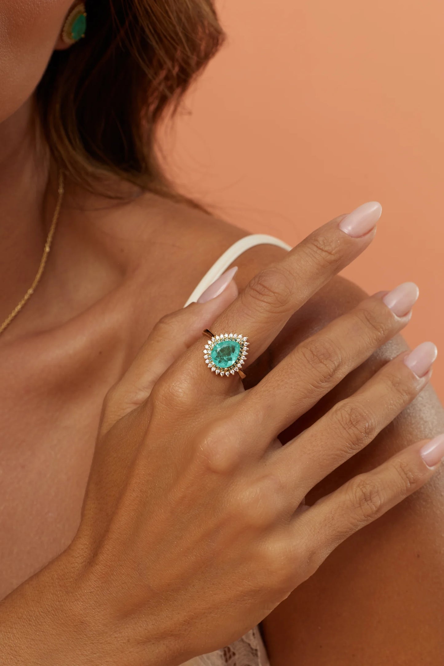 Colombian Emerald Fusion & White Zircon Drop Ring