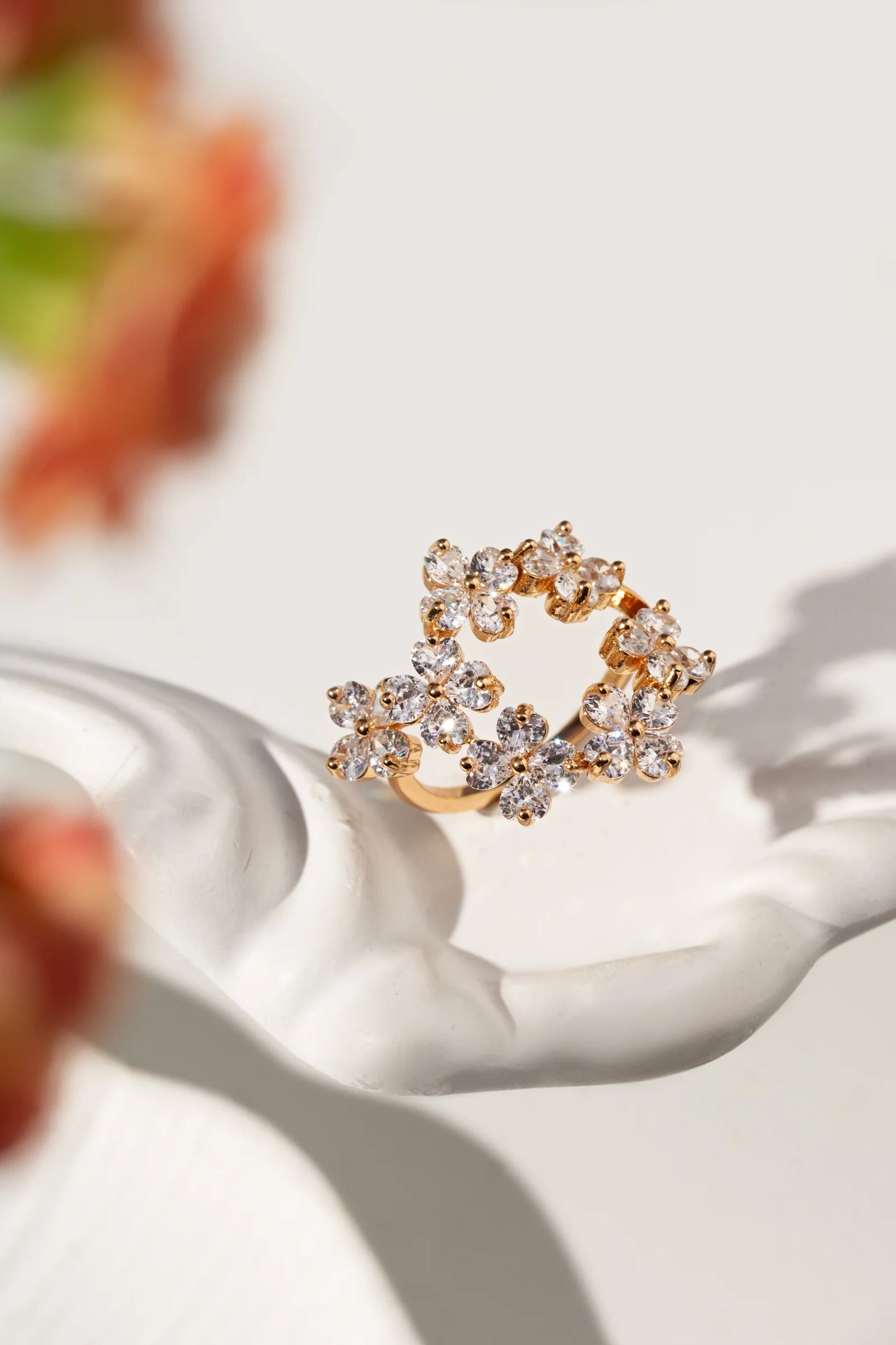 White Zircon Open Ring Seven Flowers