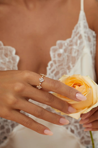 White Zircon Open Ring Five Flowers