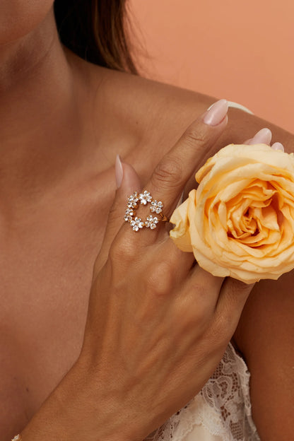White Zircon Open Ring Seven Flowers