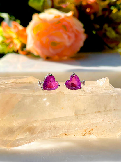 Amethyst Fusion Stone and White Zircon Heart Earrings