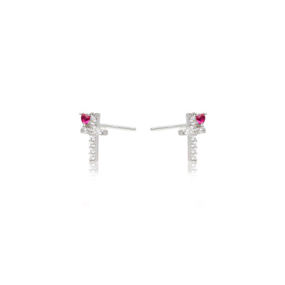 Pink Tourmaline Crystal and White Zircon Cross & Heart Earrings