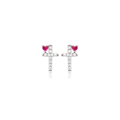 Pink Tourmaline Crystal and White Zircon Cross & Heart Earrings