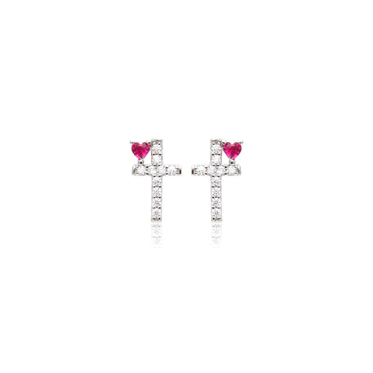 Pink Tourmaline Crystal and White Zircon Cross & Heart Earrings