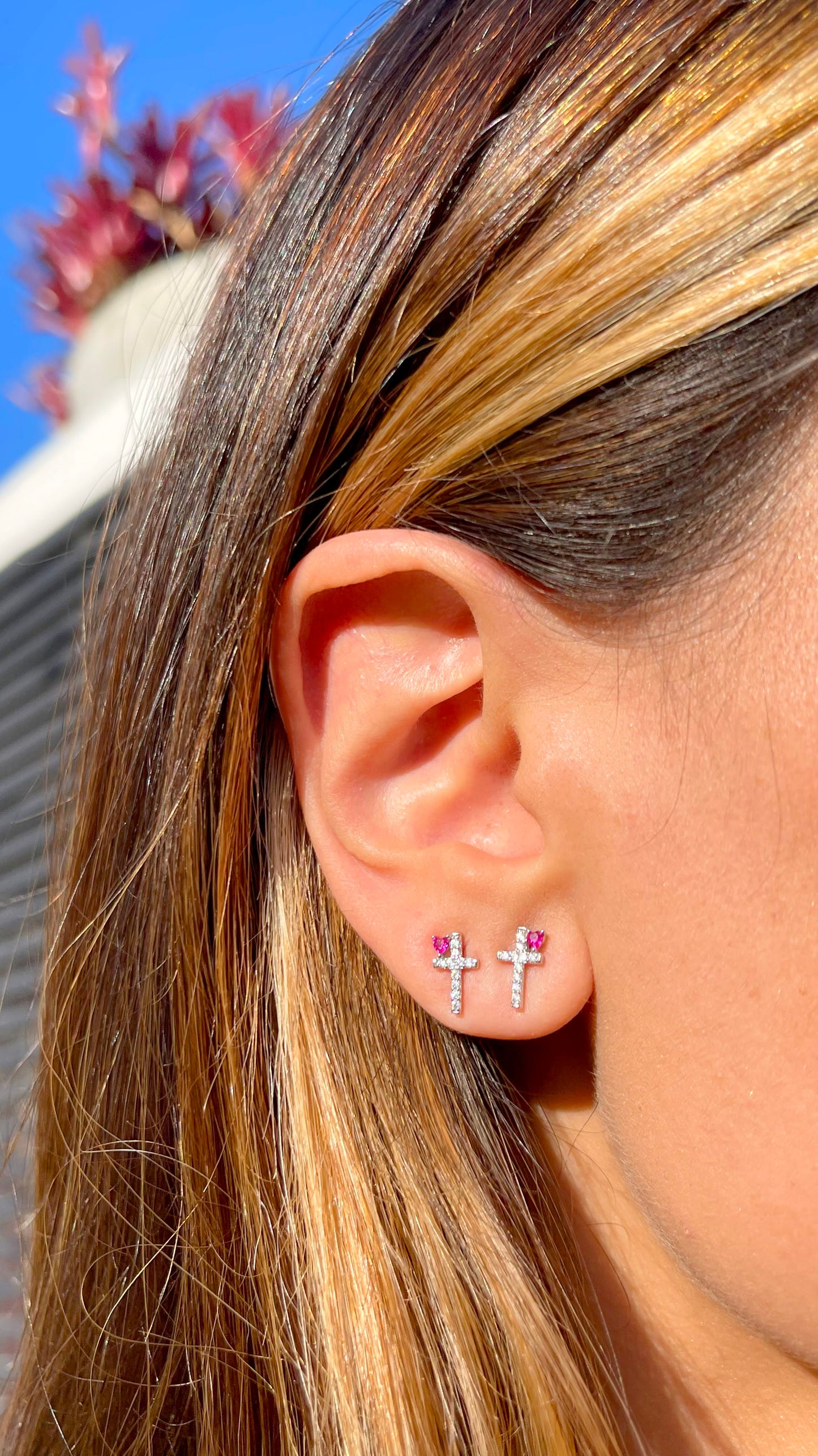 Pink Tourmaline Crystal and White Zircon Cross & Heart Earrings