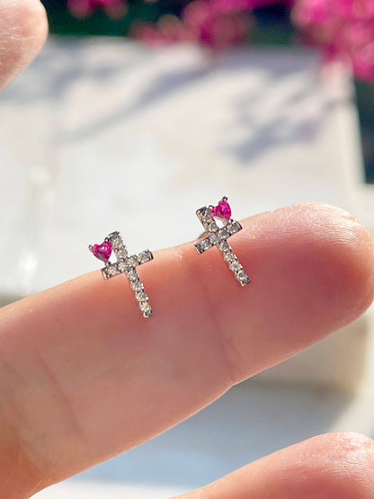 Pink Tourmaline Crystal and White Zircon Cross & Heart Earrings