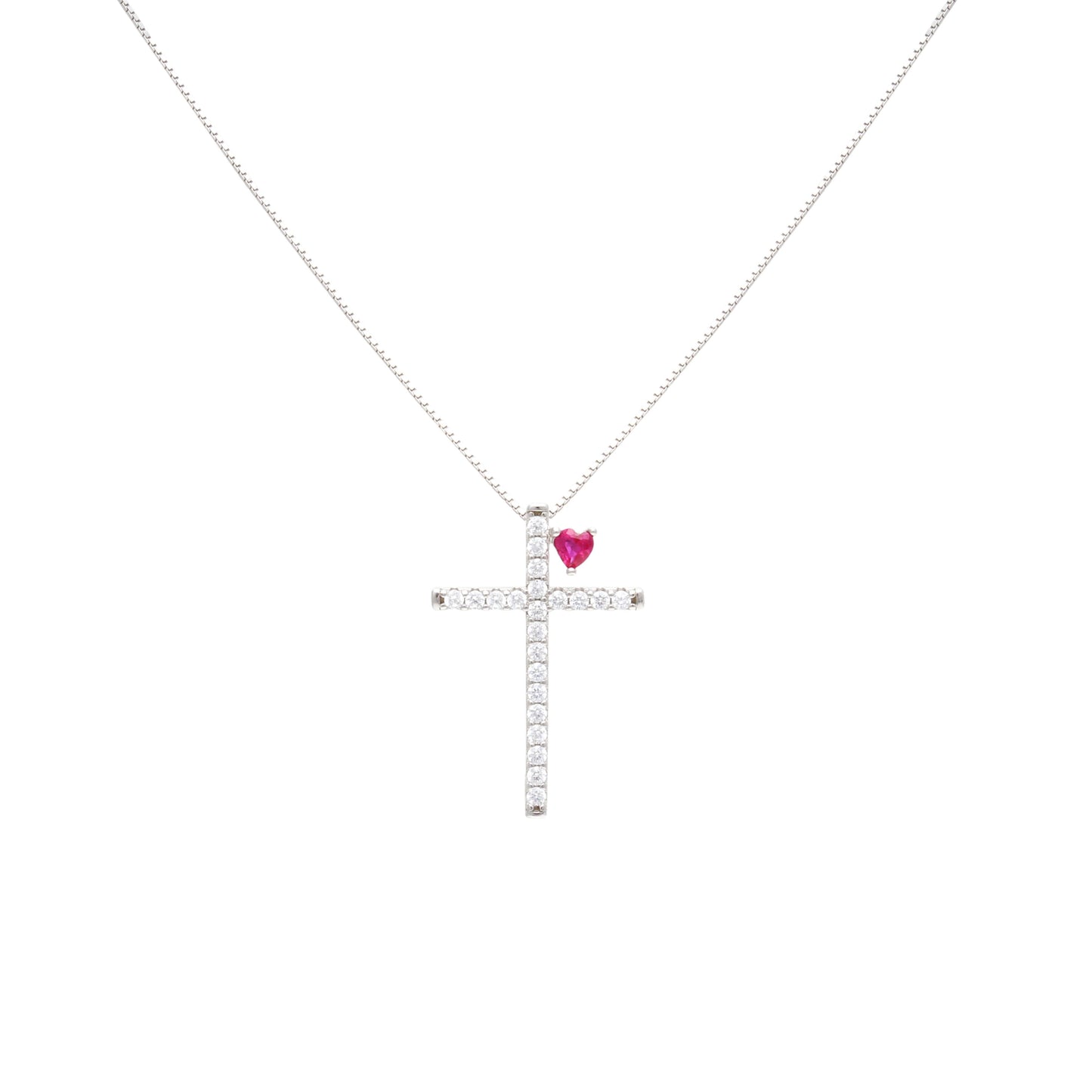 Pink Tourmaline Crystal and White Zircon - Cross and Heart Necklace