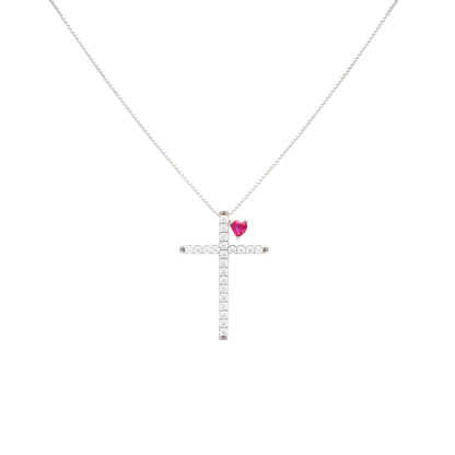 Pink Tourmaline Crystal and White Zircon - Cross and Heart Necklace