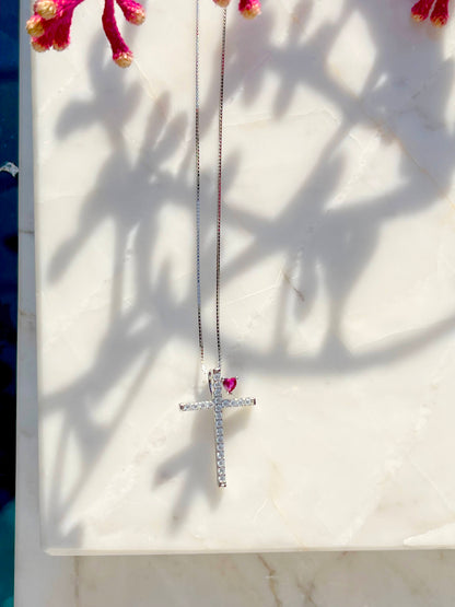 Pink Tourmaline Crystal and White Zircon - Cross and Heart Necklace