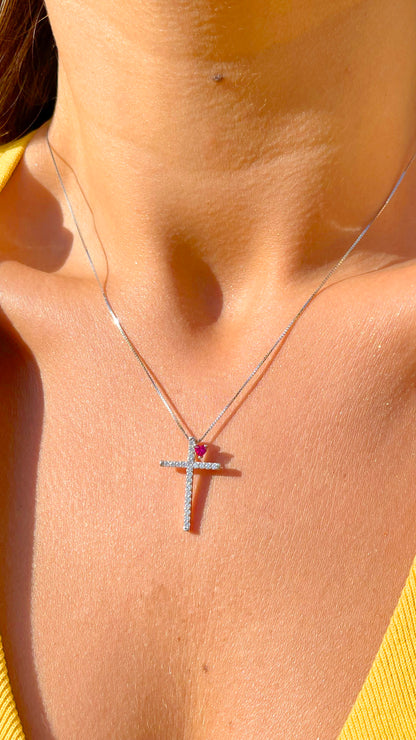 Pink Tourmaline Crystal and White Zircon - Cross and Heart Necklace