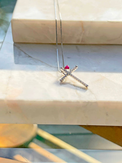 Pink Tourmaline Crystal and White Zircon - Cross and Heart Necklace