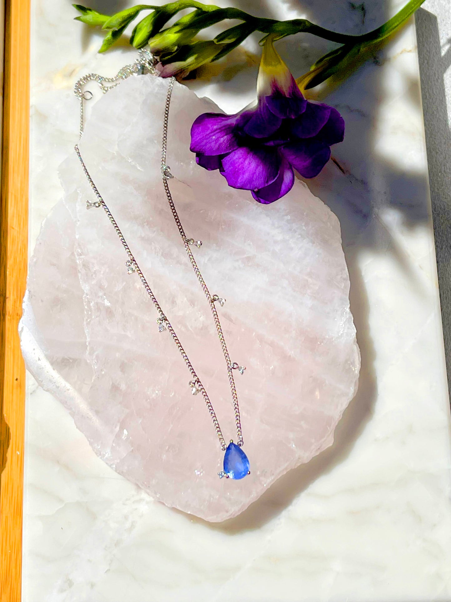 Tanzanite Fusion Drop Stone and White Cubic Zircon Necklace