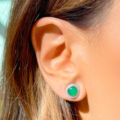 Emerald Round Fusion Stone and White Zircon Earrings