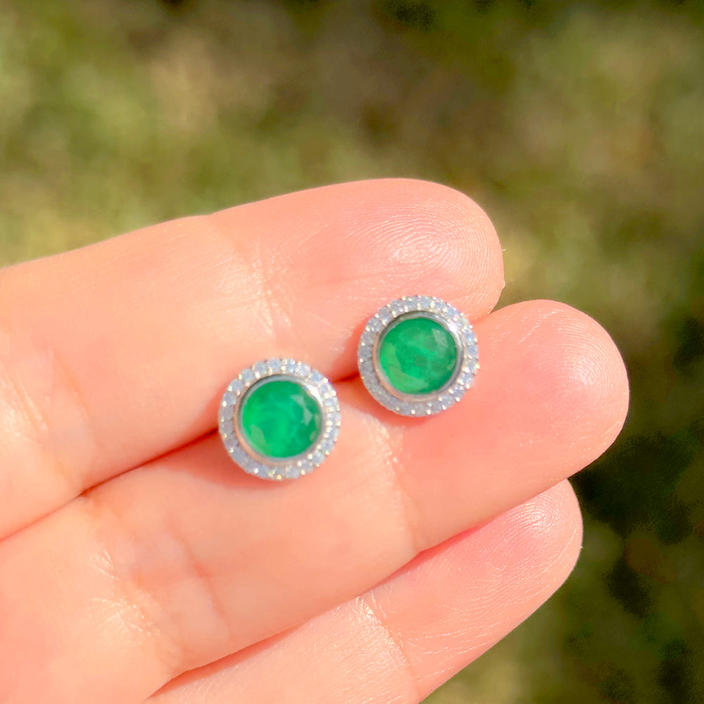 Emerald Round Fusion Stone and White Zircon Earrings