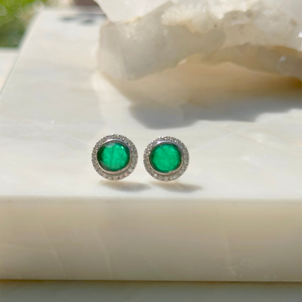 Emerald Round Fusion Stone and White Zircon Earrings