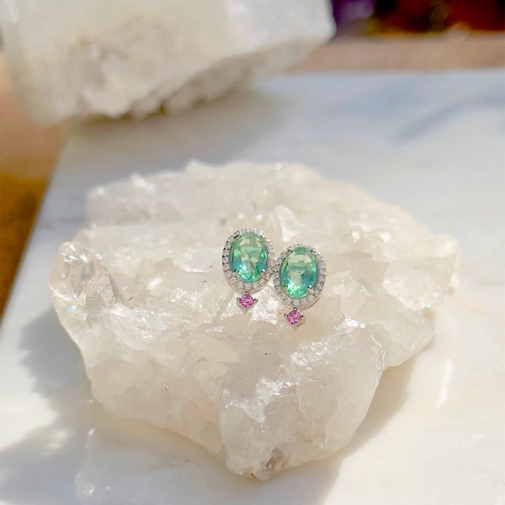 Green Amethyst Crystal and White/Pink Zircon Earrings