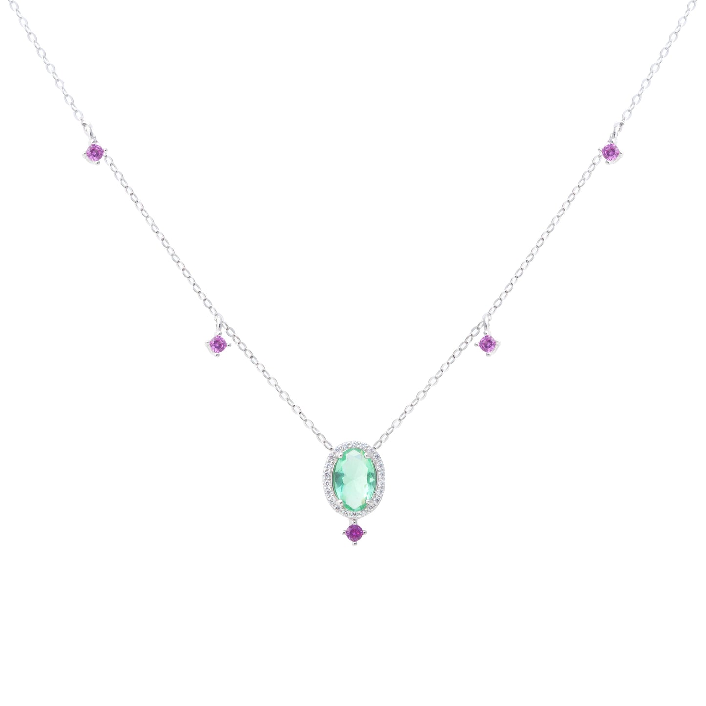 Green Amethyst Crystal and White/Pink Zircon Necklace