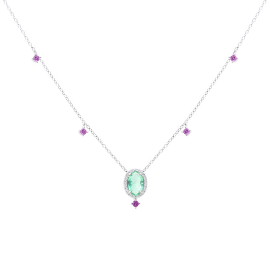 Green Amethyst Crystal and White/Pink Zircon Necklace