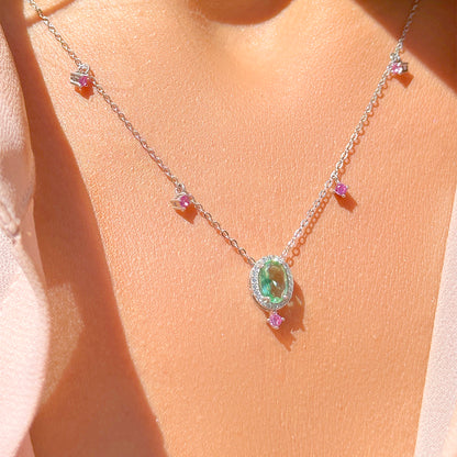 Green Amethyst Crystal and White/Pink Zircon Necklace