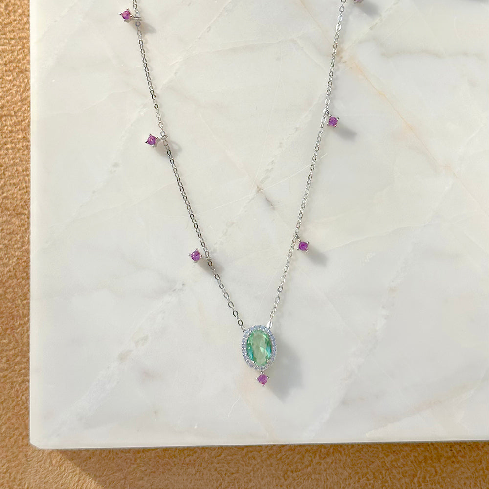 Green Amethyst Crystal and White/Pink Zircon Necklace