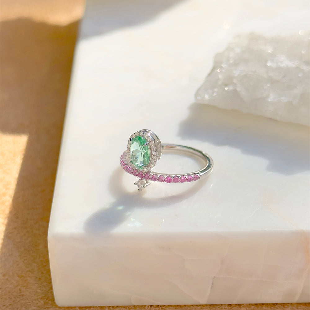 Green Amethyst Fusion Stone and Pink/White Zircon Ring