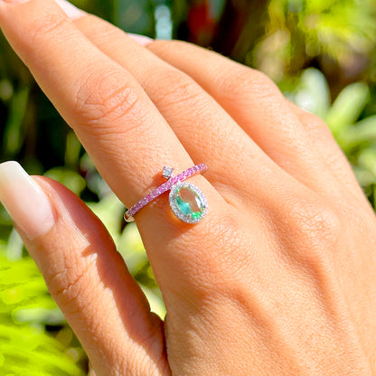 Green Amethyst Fusion Stone and Pink/White Zircon Ring