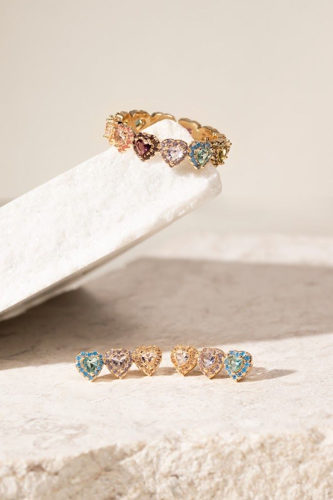 Blue Topaz/Amethyst/Morganite Crystals Hearts Ring