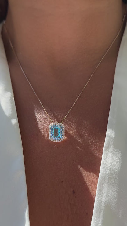 Rectangle Blue Topaz Crystal and White/Blue Zircon Necklace